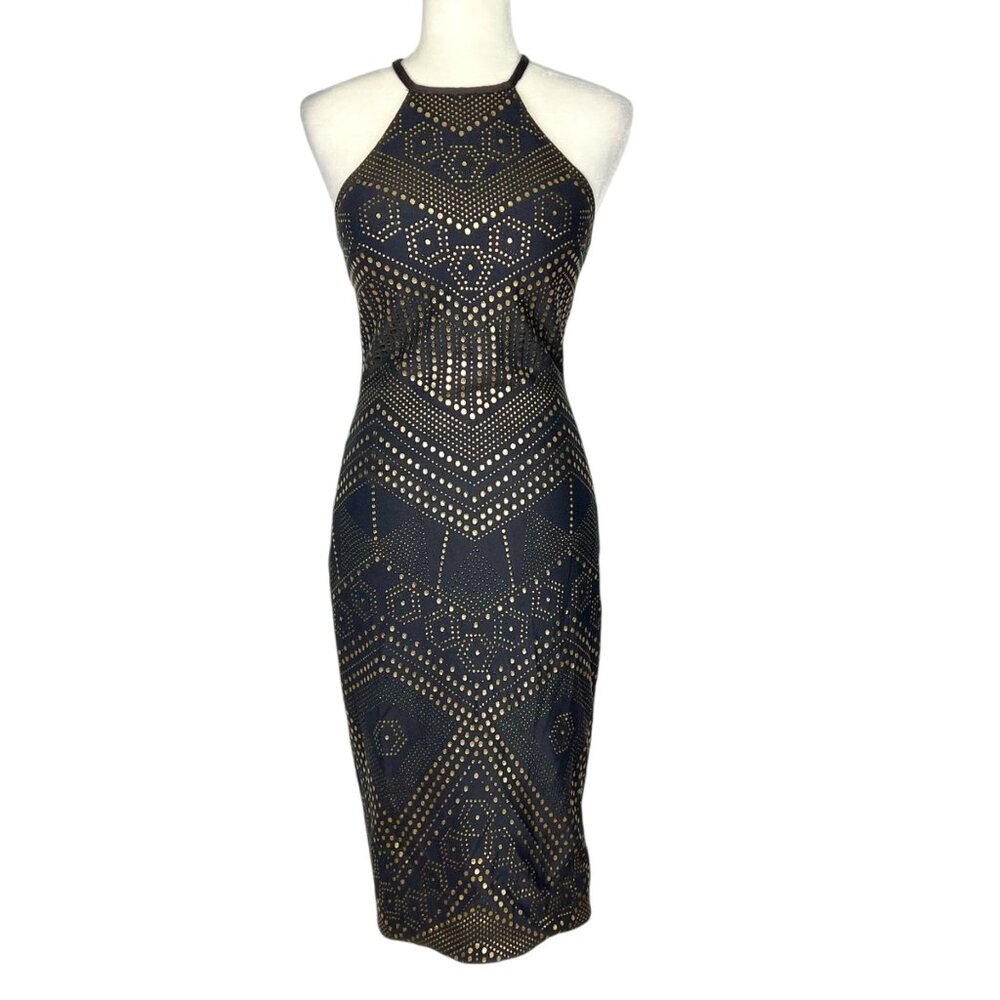 Jovani Womens Bodycon Halter Dress Blue Gold Geometric Dot Print size 4